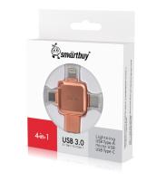 Флешка USB 256 Гб SmartBuy Quad, USB3.0, Lightning Type-C, микро USB, металл, 4 в 1, розовый