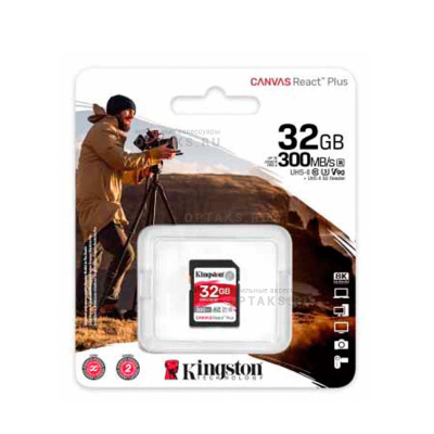 Карта памяти SDXC 32 Гб Kingston, Canvas React Plus, Class U3 UHS-II V90, 300Mb/s, без адаптера