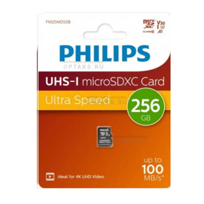 Карта памяти microSD 256 Гб Philips, High Speed, Class10 UHS-I U3 V30 A1, R/W 100MB/s