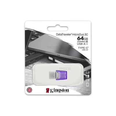 Флешка USB 64 Гб Kingston DataTraveler microDuo 3C G3, USB3.2 gen, Type-C, пластик, 200 МБ/с, фиолетовый