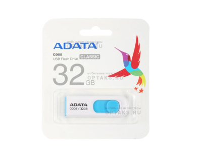 Флешка USB 32Gb ADATA C008, USB 2.0, пластик, белый, с голубой вставкой