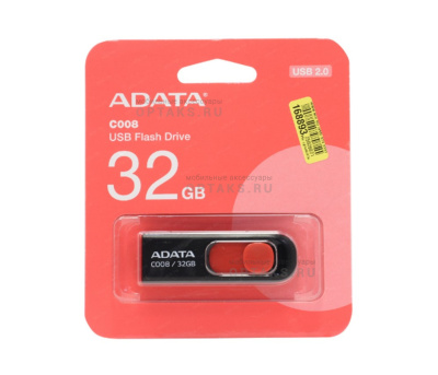 Флешка USB 32Gb ADATA C008, USB 2.0, пластик, черный, с красной вставкой