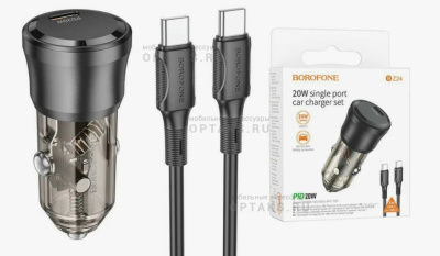 АЗУ Borofone BZ24, Clever, 20W, PD20W/QC3.0/FCP/AFC, кабель Type-C to Type-C, 1,0 м, черный, прозрачный