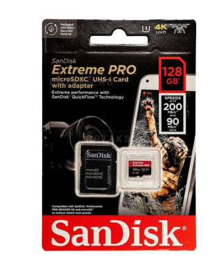 Карта памяти microSD 128 Гб SanDisk, Extreme Pro, Class10 UHS-I U3 V30 A2, R/W 200/140MB/s, с адаптером