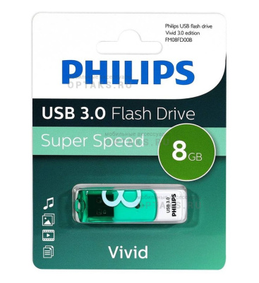 Флешка USB 8 Гб Philips VIVID3.0, USB3.0, белый, зеленый